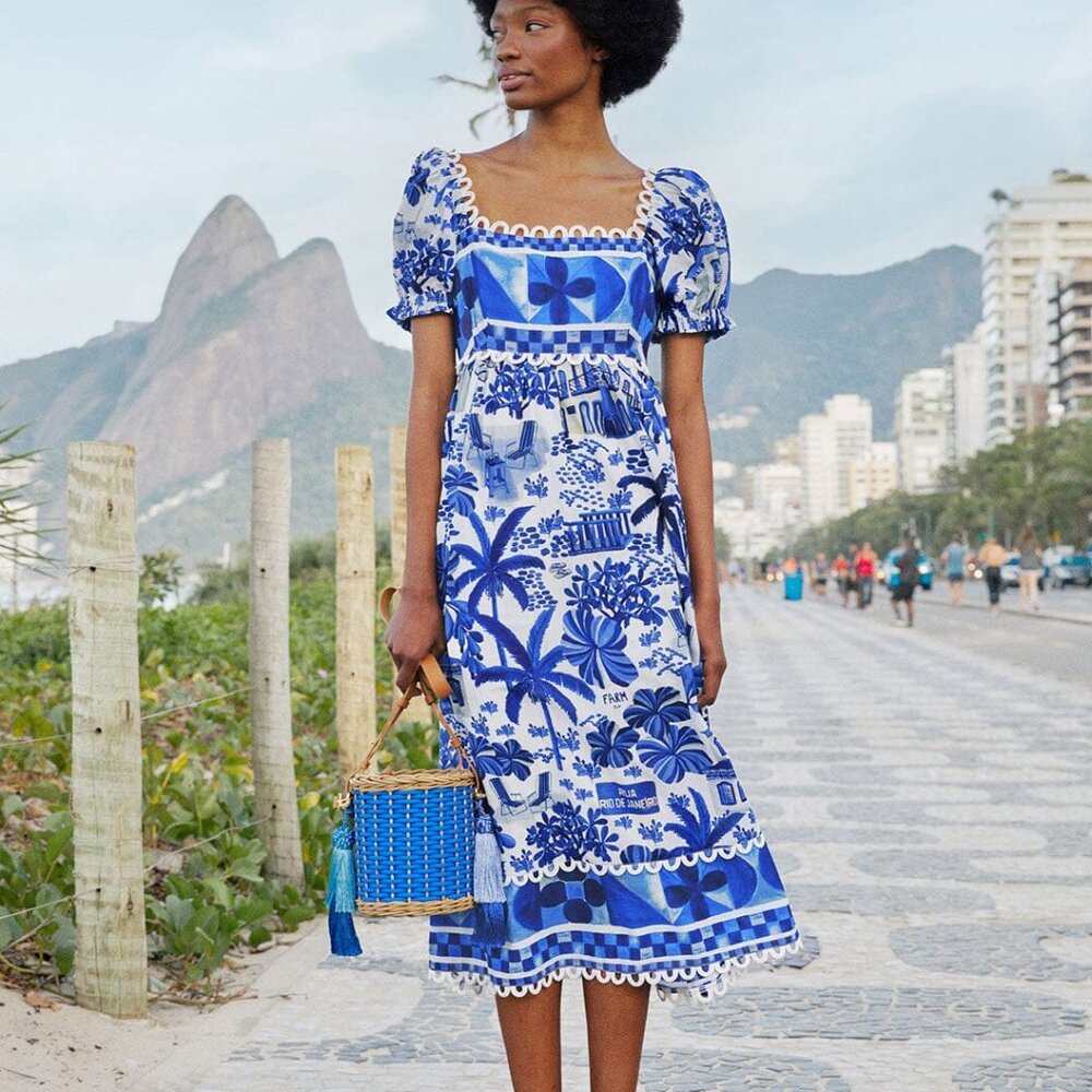 FARM Rio Blue and White Midi Dress